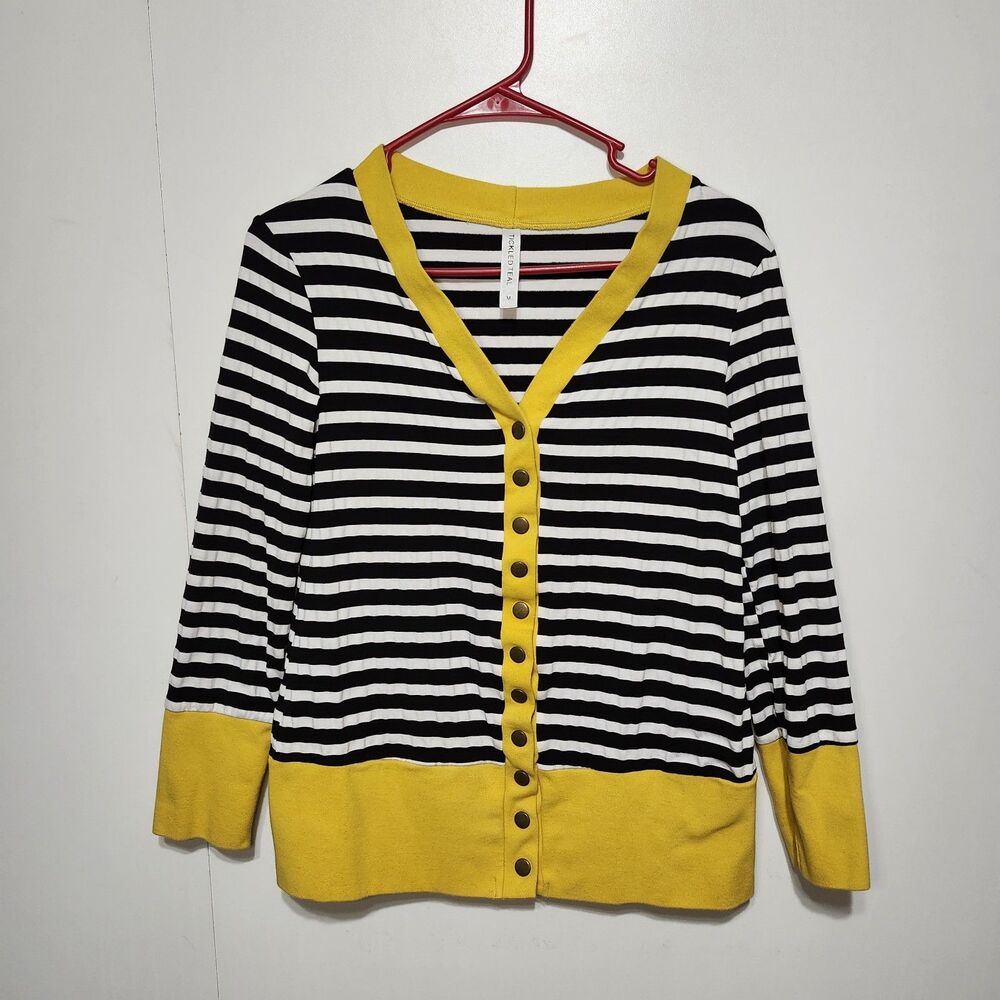 Tickled Teal Striped Snap Front Cardigan Black White Yellow Hipster M (Small) - Picture 1 of 11